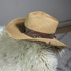 Stylish Tan Straw Hat with Embellished Band